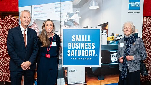 Gideon Amos MP, Emma Gray and her mum Anne Robinson at Small Business Saturday reception