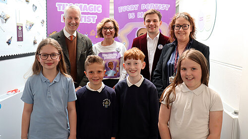 Magic Dentist launched in Somerset. Rear from left, Gideon Amos, Nicki Rowland, Callum Weaver and Lisa Eadie. Front, Holy Trinity pupils Florence, Max, Barnaby and Myla