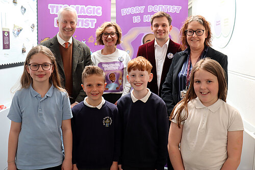 Magic Dentist launched in Somerset. Rear from left, Gideon Amos, Nicki Rowland, Callum Weaver and Lisa Eadie. Front, Holy Trinity pupils Florence, Max, Barnaby and Myla
