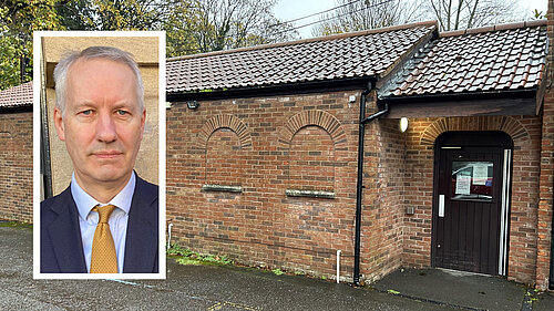 The JHoots pharmacy in Wellington with MP Gideon Amos, inset