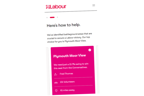 Screenshot of the Labour Party website instructing people to campaign in Plymouth Moor View.
